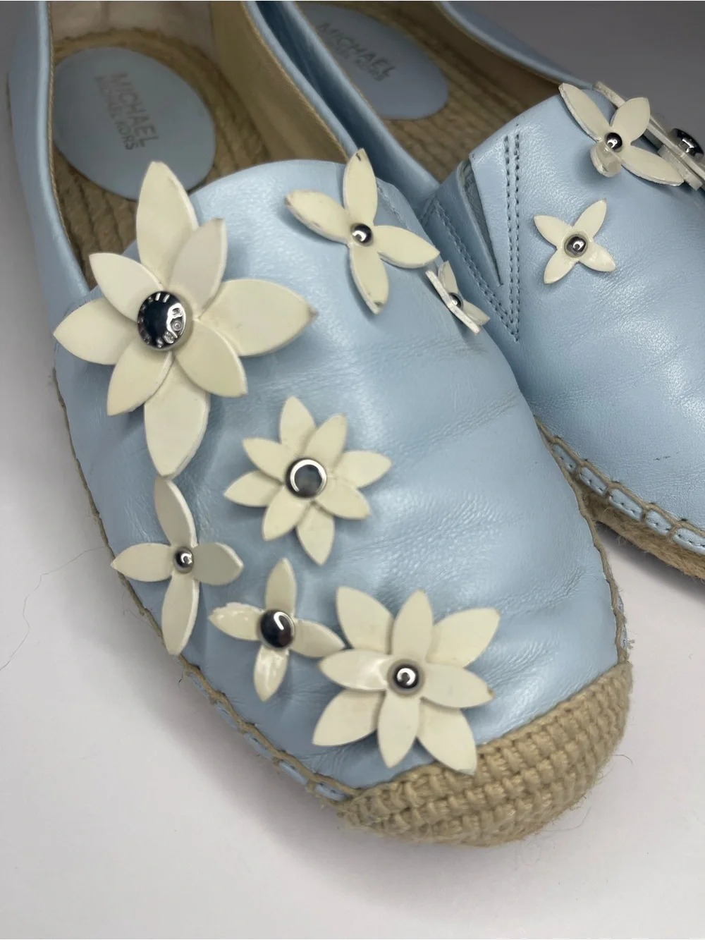 Michael Kors Light Blue Leather Lola Espadrilles size 36 Floral Appliqué